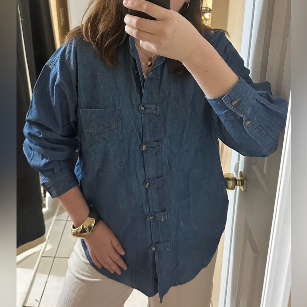 NWT I AM 100% Cotton Denim Long Sleeve Button Down Shirt - Blue Size18w